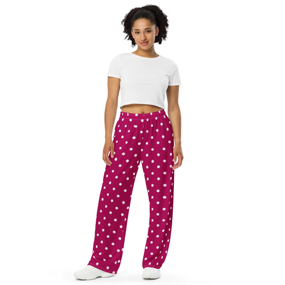 Magenta with White Polka Dots All-over print unisex wide-leg