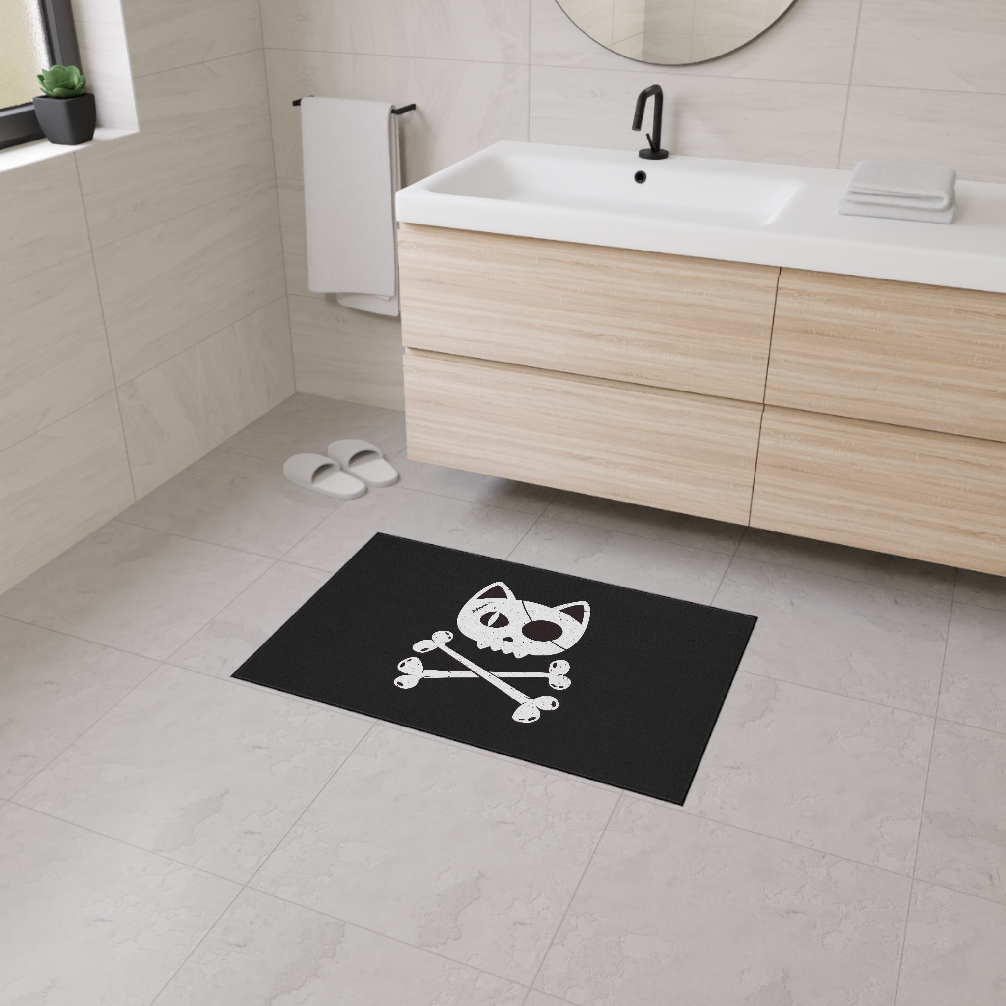 Black Heavy Duty Floor Mat featuring Pirate Cat Skull and
