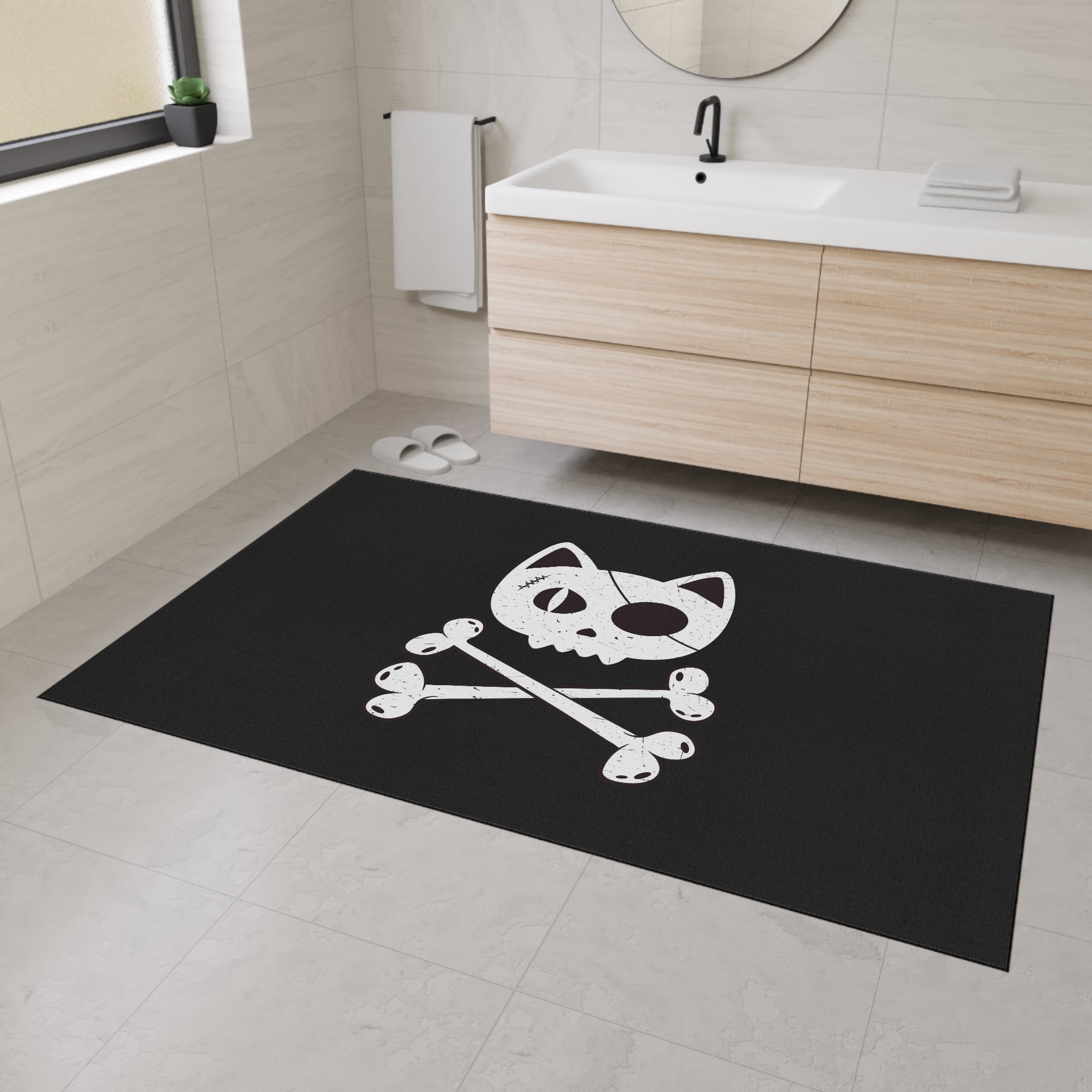 Black Heavy Duty Floor Mat featuring Pirate Cat Skull and