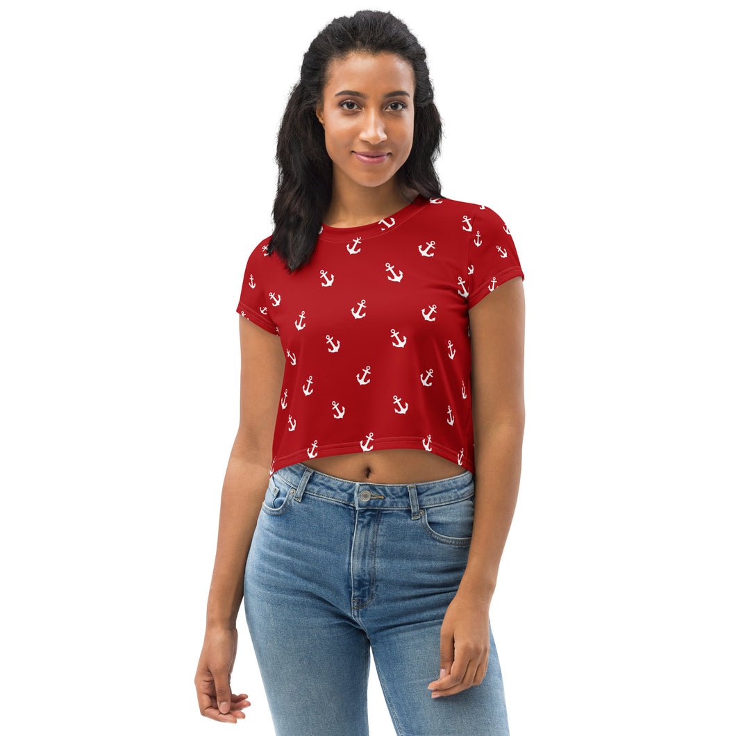 Nautical Anchors All-Over Print Red Crop Tee