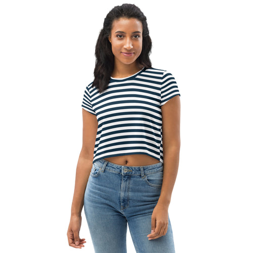 Blue and White Horizontal Stripes All-Over Print Crop Tee, Nautical Print Crop Top