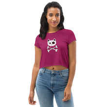 Load image into Gallery viewer, Berry Purple with Funny Cat skull &amp; crossbones All-Over Print Crop Tee