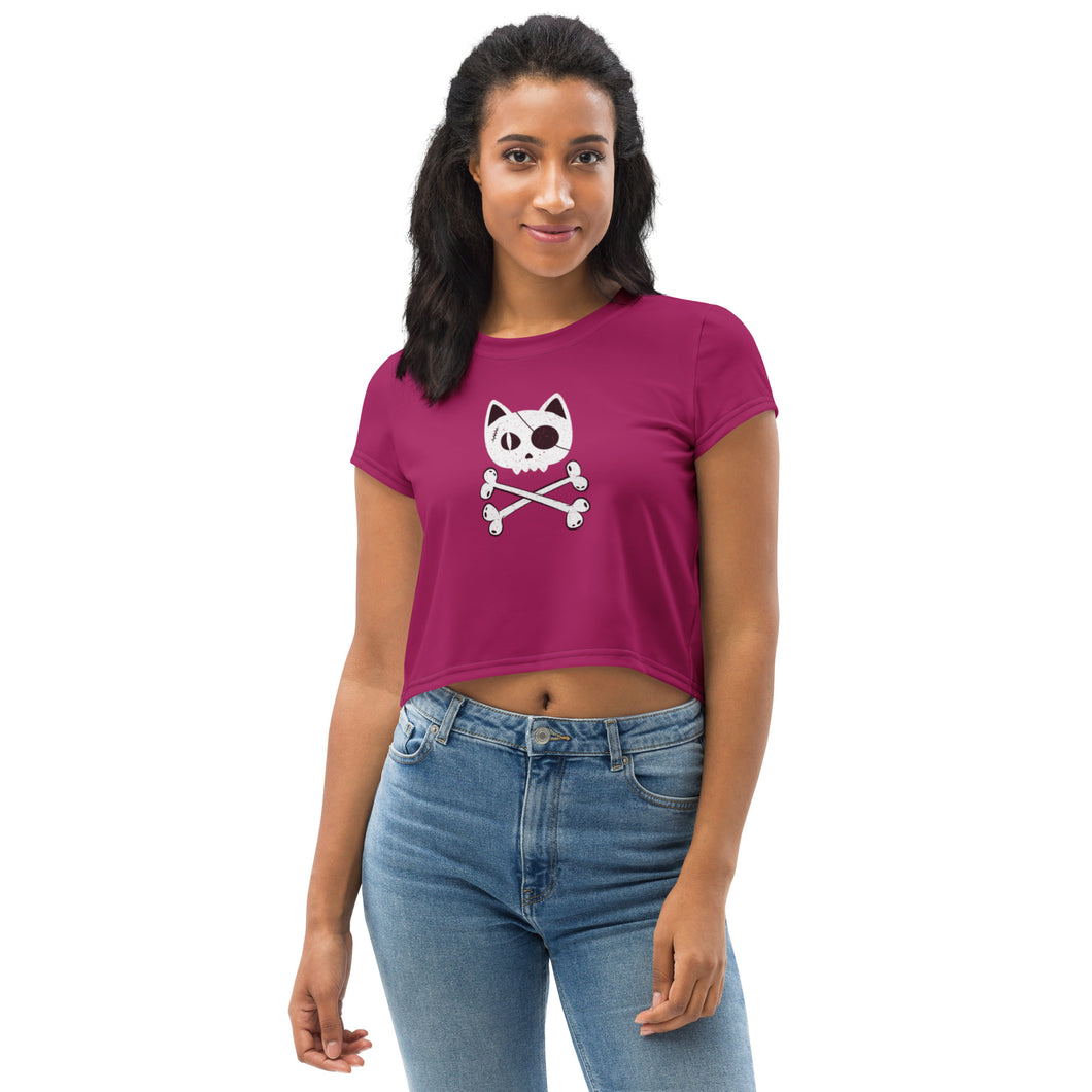 Berry Purple with Funny Cat skull & crossbones All-Over Print Crop Tee