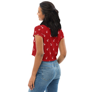 Nautical Anchors All-Over Print Red Crop Tee