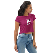 Load image into Gallery viewer, Berry Purple with Funny Cat skull &amp; crossbones All-Over Print Crop Tee