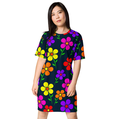 Floral Print T-shirt dress, Flower Design T-Shirt Dress, Gift For Her, Fashion T-shirt Dress