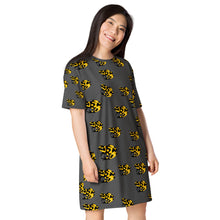 Load image into Gallery viewer, Poison Arrow Frog T-shirt dress, Black and Yellow Frog Print