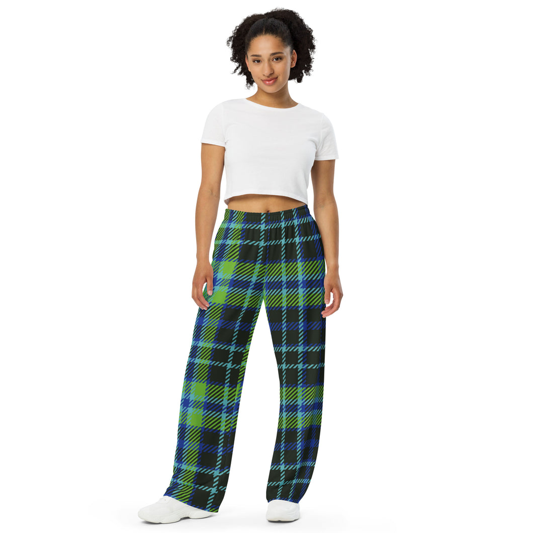 Green and Blue Plaid All-over print unisex wide-leg pants