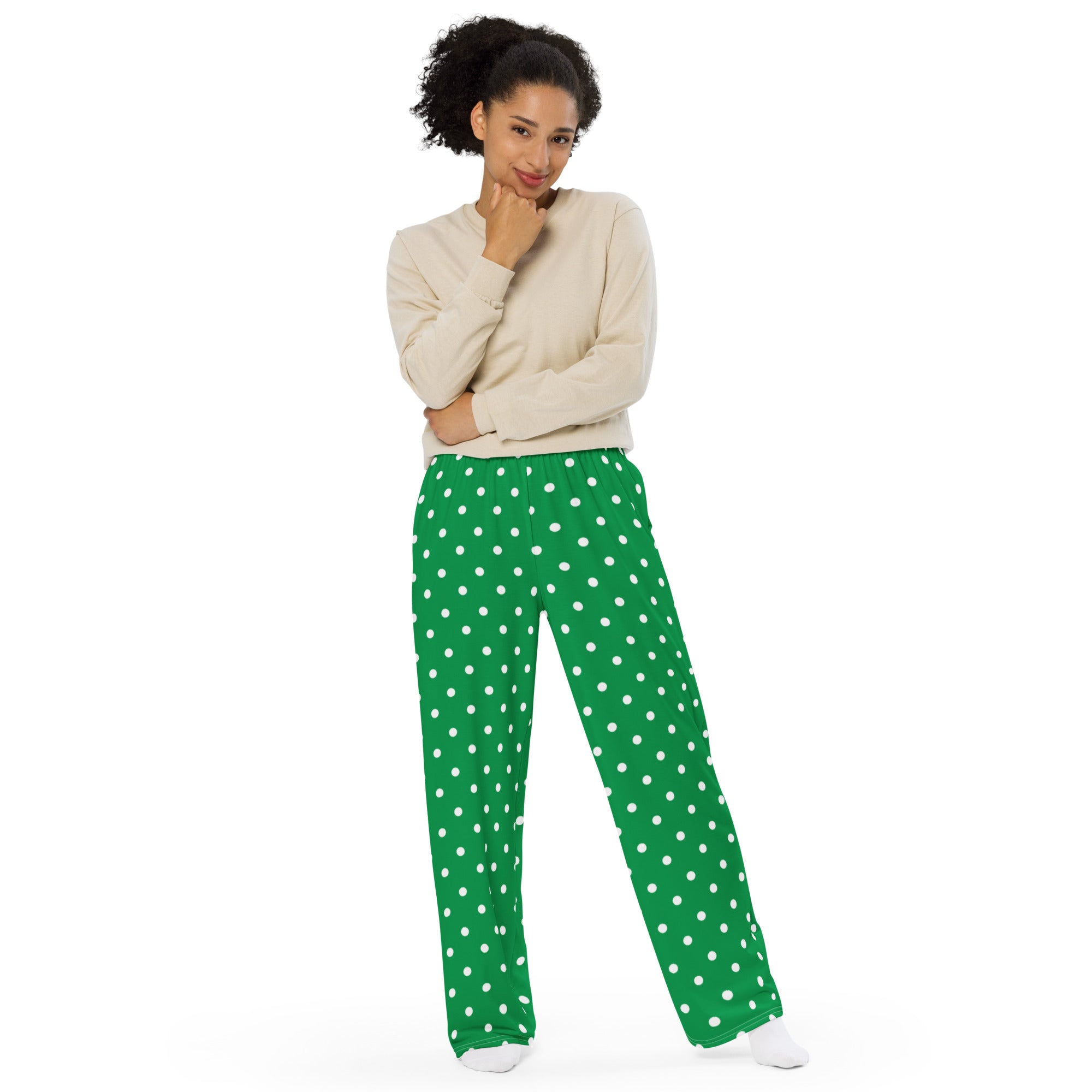 パンツ BETWEENAND Polka dot fleece pants Green With White Polka Dots All-over print unisex wide-leg