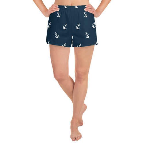 Blue Nautical Women's Athletic Short Shorts, Boating Shorts With Anchor Print