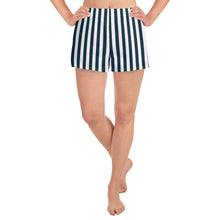 Load image into Gallery viewer, Blue and White Nautical Stripes Women&#39;s Athletic Short Shorts