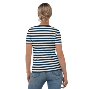 Blue And White Horizontal Stripes Women's T-shirt, Nautical T-Shirt, Boat Gift