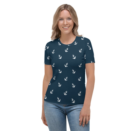 Blue Nautical Print Women's T-shirt, Matching shoes are available