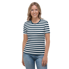 Load image into Gallery viewer, Blue And White Horizontal Stripes Women&#39;s T-shirt, Nautical T-Shirt, Boat Gift