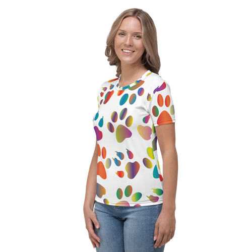 Colorful Paw Prints Women's All Over Print T-Shirt, Dog Lover's Shirt, Dog Mom T-shirt