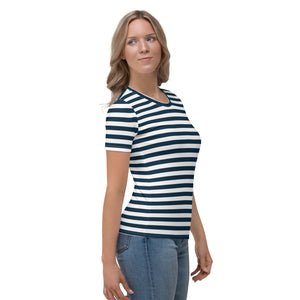 Blue And White Horizontal Stripes Women's T-shirt, Nautical T-Shirt, Boat Gift