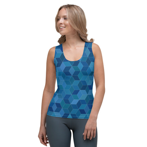 3-D Blue Cube Design Tank Top,  Abstract Geometric Pattern