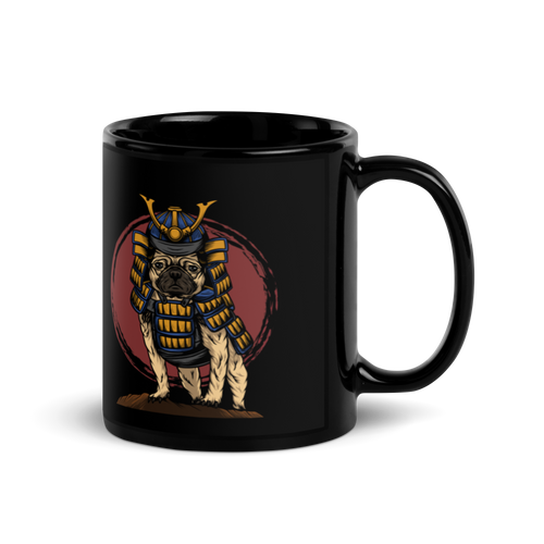 Samurai Pug Black Glossy Mug, Pug Lover's Mug, Gift For Pug Owner