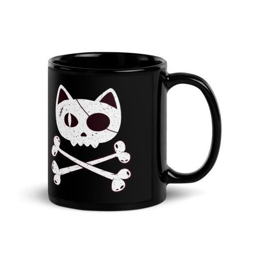 Pirate Cat Skull and Crossbones Black Glossy Mug