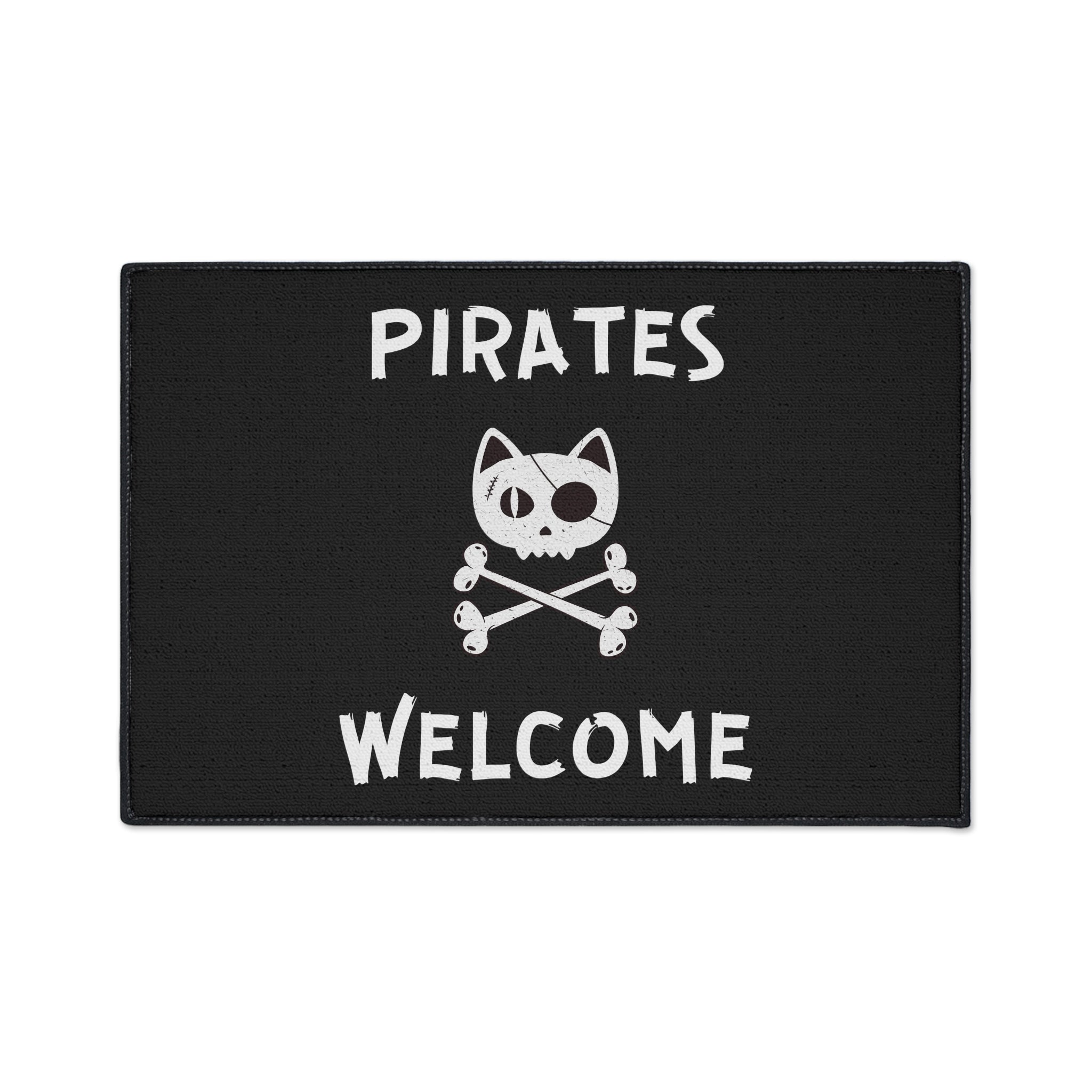 Black Heavy Duty Floor Mat featuring Pirate Cat Skull and