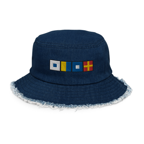 SKPR (Skipper) Spelled Out With Nautical Signal Flags Distressed denim bucket hat, Semaphore Flags Design