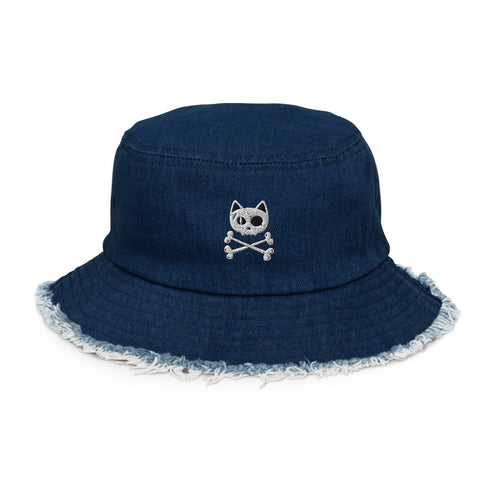 Funny Pirate Cat Skull and Crossbones Distressed denim bucket hat