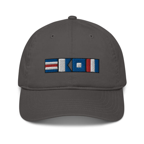 Nautical Organic dad hat, CAPT (captain) spelled out in semaphore signal flags