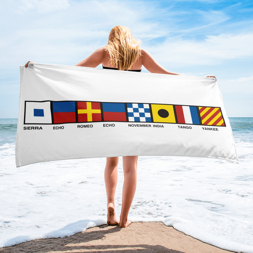 Serenity Spelled out With Semaphore Flags Towel, Your Boat's Name In Signal flags, Custom Signal Flag Designs