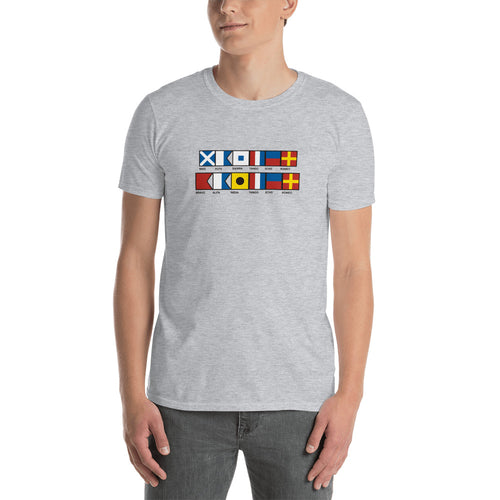 Master Baiter Spelled Out in Signal Flags Short-Sleeve Unisex T-Shirt, Funny Nautical Fishing T-shirt, Fishing humor