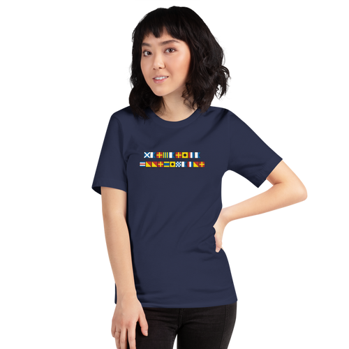 Margarita Coordinator Spelled Out With Signal Flags Short-Sleeve Unisex T-Shirt, Semaphore Design, Boating Shirt, Sailing Shirt,