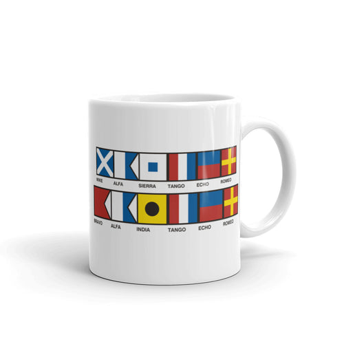 Master Baiter White Glossy Funny Fishing Mug, Signal Flag Design