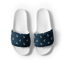 Load image into Gallery viewer, Blue Nautical Themed Women&#39;s slides, Blue Slide Shoes, Boating Sandals